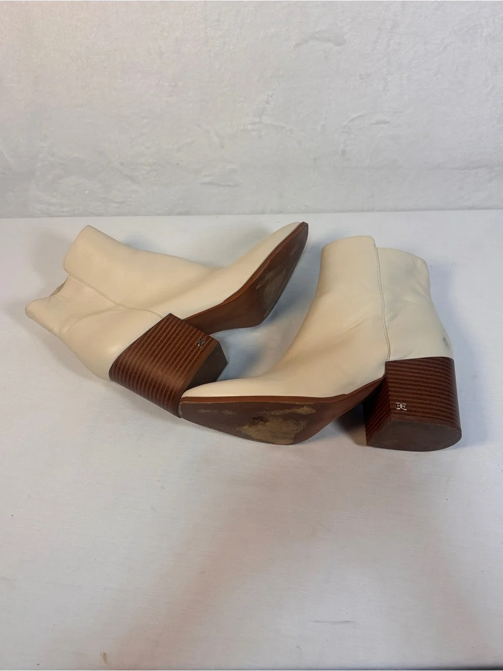 Sam Edelman Cari Ivory Leather Square Toe Block Heel Ankle Boots Sz 10